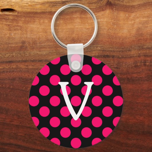 レターVオン黒ピンク水玉模様 キーホルダー (正面)