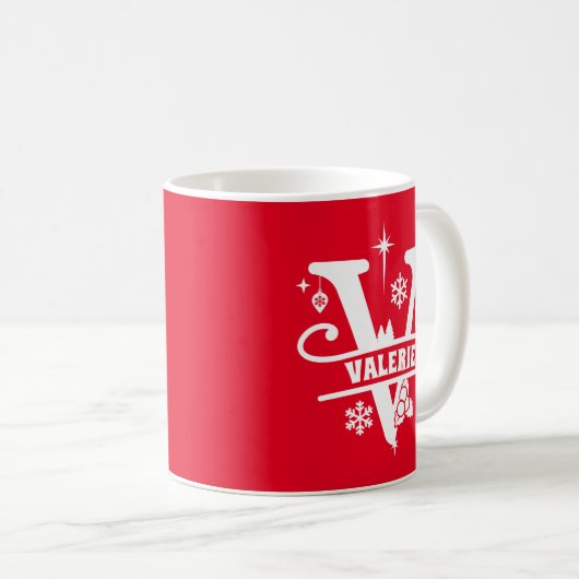 レターVクリスマスモノグラムイニシャル名赤 コーヒーマグカップ (正面右)