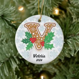 レターV名前をカスタムするモノグラムクリスマス セラミックオーナメント