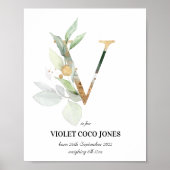 レターV新生児モノグラム誕生プリント緑 ポスター (正面)