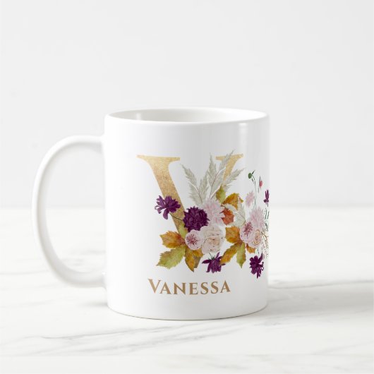 レターV -金ゴールドフローラ名姉妹同僚の友人 コーヒーマグカップ (左)