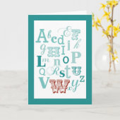 レターWイニシャル名アルファベット誕生日ティール（緑がかった色）&赤 カード (黄色い花)