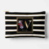 レターWフローラモノグラム白黒金ゴールドストライプ アクセサリーポーチ (正面)