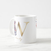 レターW金ゴールドモノグラムレッドホワイトパープルフローラ コーヒーマグカップ (正面左)