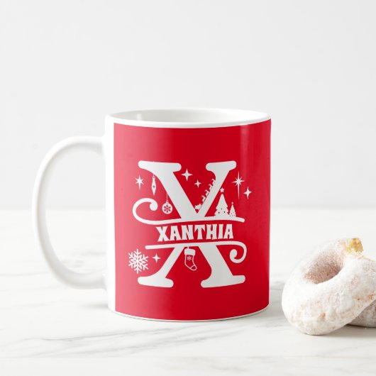 レターXクリスマスモノグラムイニシャル名赤 コーヒーマグカップ (ドーナツ)