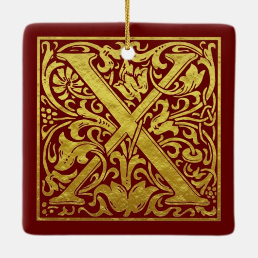 レターX先頭文字フェイク金ゴールド赤 セラミックオーナメント (裏面)