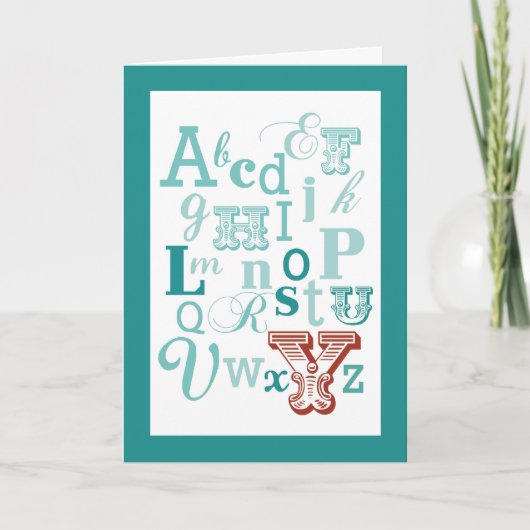 レターYイニシャル名アルファベット誕生日ティール（緑がかった色）&赤 カード (正面)