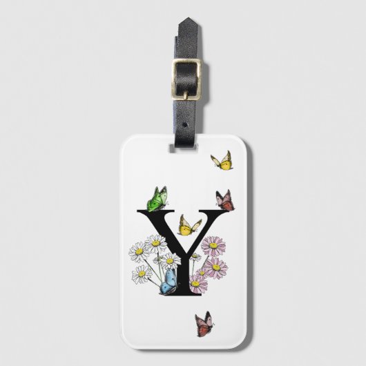 レターYフローラバタフライモノグラムイニシャル ラゲッジタグ (正面縦)