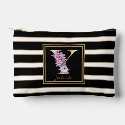 レターYフローラモノグラム白黒金ゴールドストライプ アクセサリーポーチ (正面)