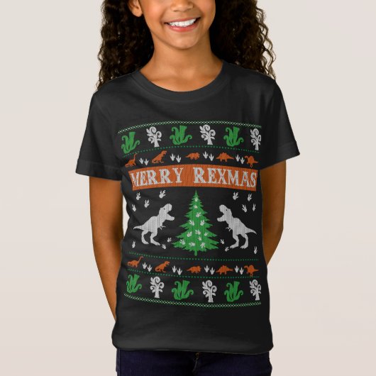 レックスマスメリー恐竜の醜いクリスマスセーター Tシャツ (正面)