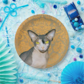 レックス猫によるヴィンテージの金ゴールドのダマスク織のSphynx猫 ペーパープレート (パーティー)