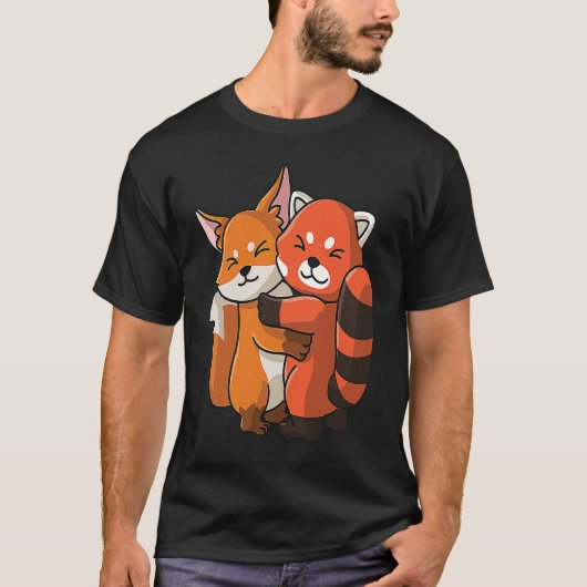 レッサーパンダとキツネの可愛いハグ・カドル動物 Tシャツ (正面)