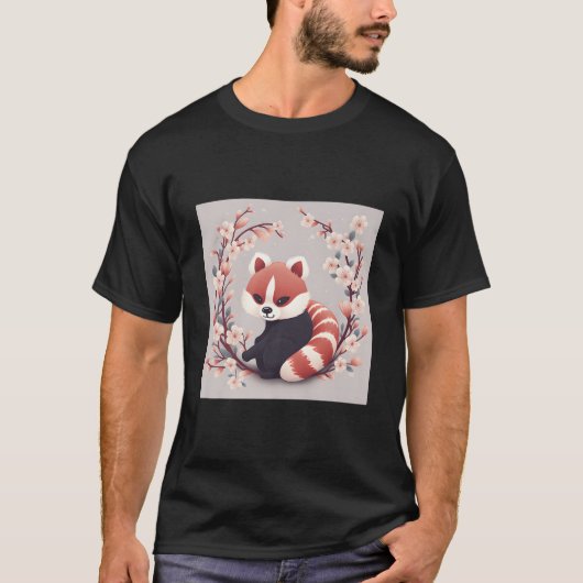 レッサーパンダと桜のシーン 美しい作品 Tシャツ (正面)