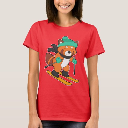 レッサーパンダ スキーヤー スキー 冬のスポーツ Tシャツ (正面)