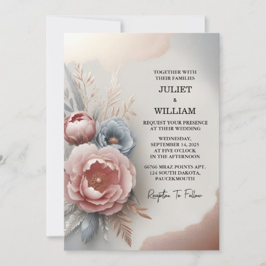 レッシルクピンクボホピーニーガーデンダスティバラ結婚ズ 招待状 (正面)