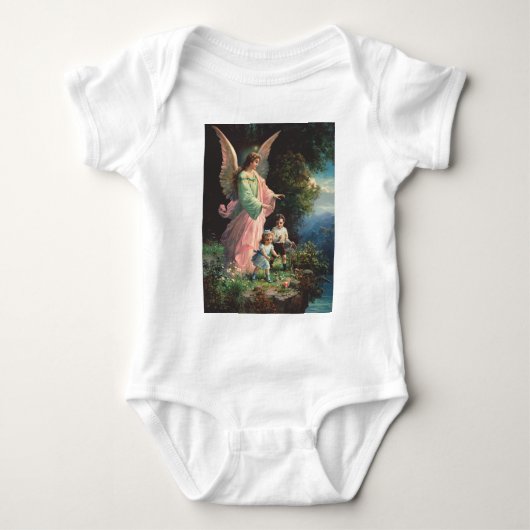 レッジ保護近くの守護天使の子供 ベビーボディスーツ (正面)