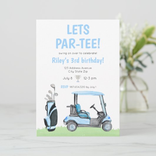 レッスパルティーゴルフをテーマにした誕生日招待状ブルー 招待状 (スタンド正面)