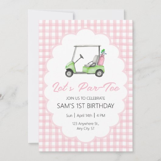 レッスパー – ティーピンクゴルフ誕生日パーティー 招待状 (正面)
