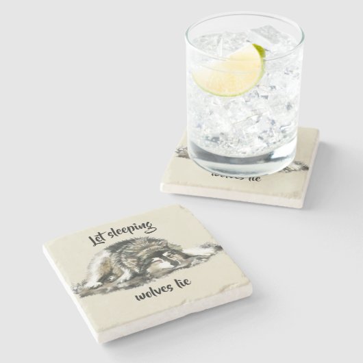 レッスリーピングウルブズライウォーターカラーウルフ引用文 ストーンコースター (横)
