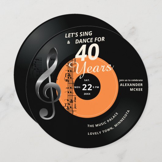 レッスンダンス40年ヴィンテージレコード誕生日 招待状 (正面/裏面)