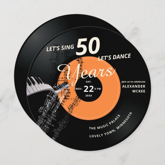 レッスンダンス50ピアノヴィンテージレコード誕生日 招待状 (正面/裏面)