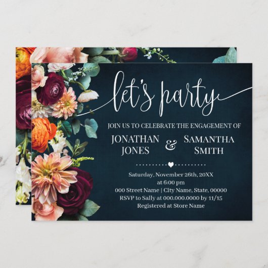 レッズパーティーネイビー婚約ブルゴーニュ結婚ーズ 招待状 (正面/裏面)