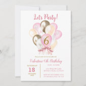レッズパーティー6人目ガール誕生日ピンク金ゴールドバルーン 招待状 (正面)