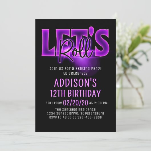 レッズピンク転がネオンスケートで滑る誕生日招待状 招待状 (スタンド正面)