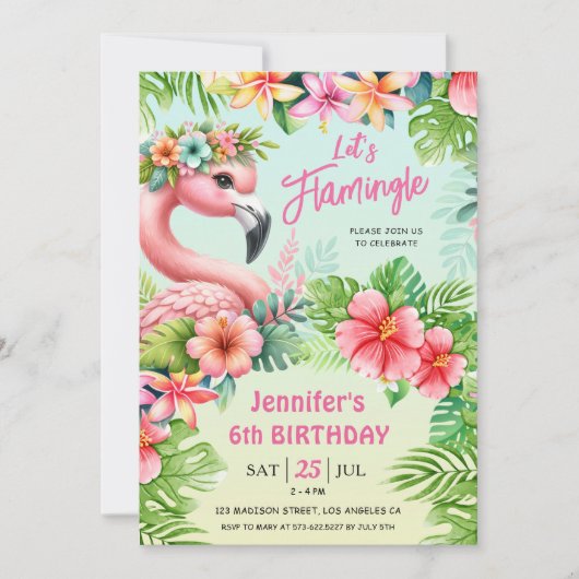 レッズフラミングルガールズピンクフラミンゴ第6誕生日 招待状 (正面)