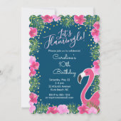 レッズフラミングルネイビーブルートロピカルフローラ誕生日 招待状 (正面)