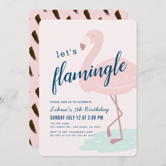 レッズフラミングルフラミンゴガールピンク誕生日 招待状 (正面/裏面)