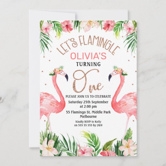 レッズフラミングルフラミンゴ1歳の誕生日招待状 招待状 (正面)