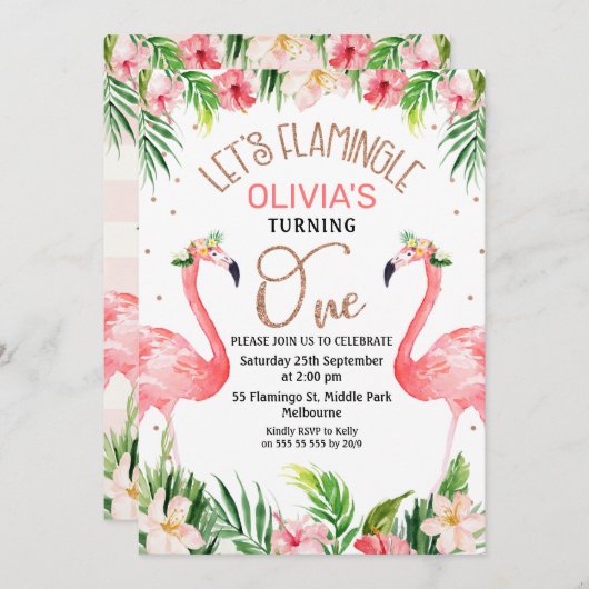 レッズフラミングルフラミンゴ1歳の誕生日招待状 招待状 (正面/裏面)