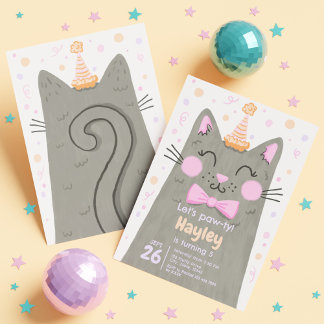 レッズポーティグレイかわいいキティ猫顔誕生会 招待状