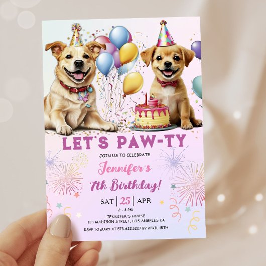 レッズポーティパピーバースデーパーティーガール7th誕生日 招待状