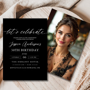 レッズ祝ミニマルブラックフォト誕生日 招待状