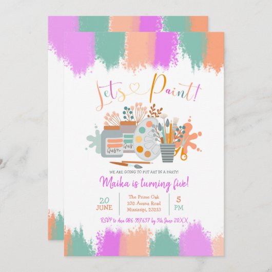 レッツアー絵を描トパーティー誕生日招待状 招待状 (正面/裏面)