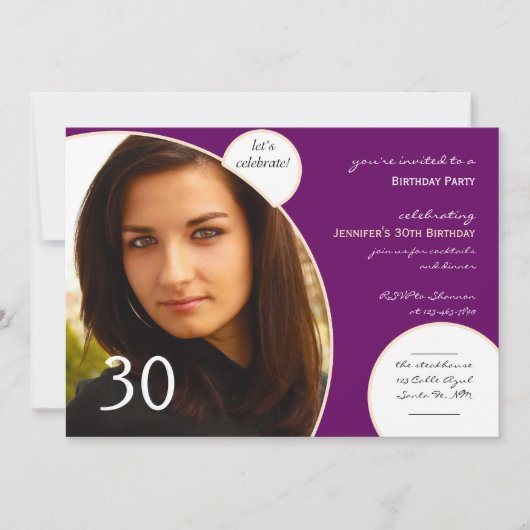 レッツイ祝ンシャンパンパープルフォト誕生日 招待状 (正面)