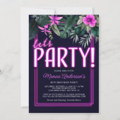 レッツェパーティー電気ピンクネオン熱帯誕生日 招待状 (正面)