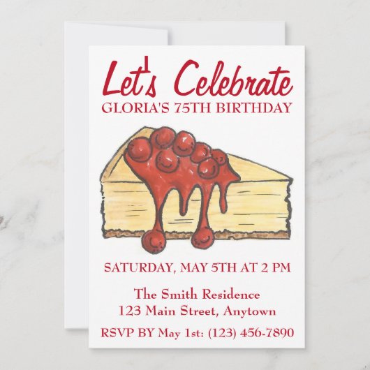 レッツェ祝さくらんぼチーズケークデザート誕生日 招待状 (正面)