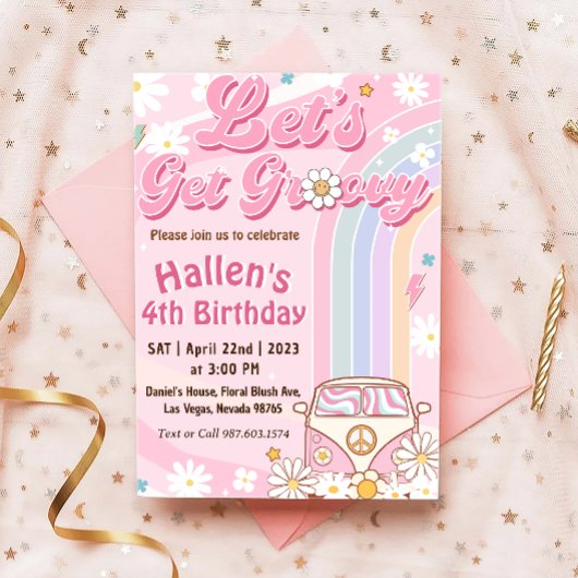 レッツグルーヴィーレトロボホデイジーレインボー誕生日 招待状