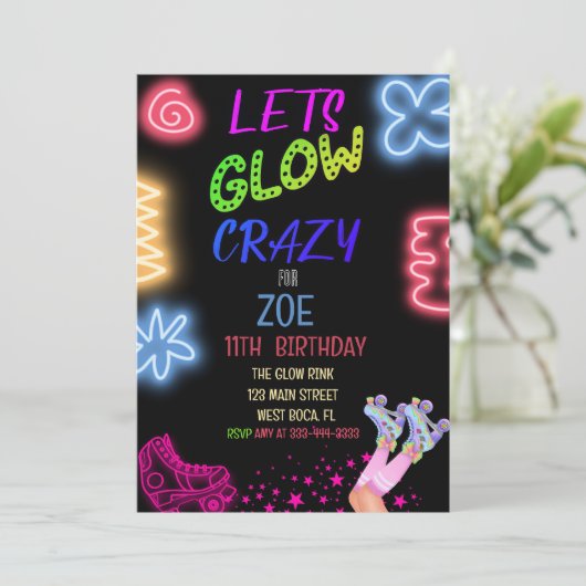 レッツグローネオン熱狂するスケートで滑る誕生日招待状 招待状 (スタンド正面)