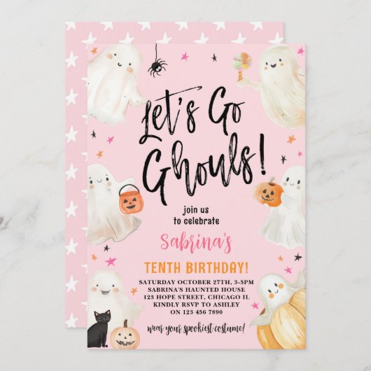 レッツゴーウルズピンクハロウィンガールバースデーパーティー 招待状 (正面/裏面)