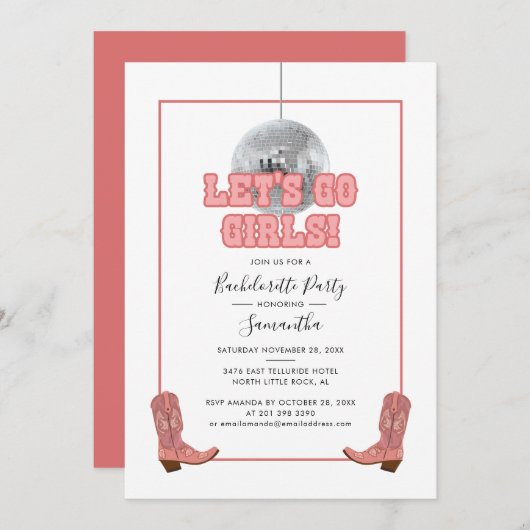 レッツゴーガールズディスコ女性のカーボーイバチェロレッテ 招待状 (正面/裏面)
