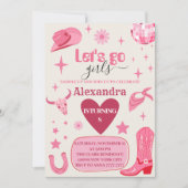 レッツゴーガールズピンクディスコ女性のカーボーイロデオ誕生日 招待状 (正面)