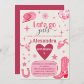 レッツゴーガールズピンクディスコ女性のカーボーイロデオ誕生日 招待状 (正面/裏面)
