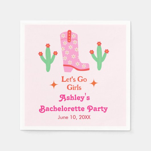 レッツゴーガールズピンク女性のカーボーイバチェロレッテ スタンダードカクテルナプキン (正面)