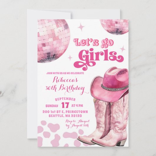 レッツゴーガールズピンク宇宙ディスコ女性のカーボーイ誕生日 招待状 (正面)
