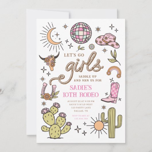 レッツゴーガールズロデオレトロディスコ女性のカーボーイ誕生日 招待状 (正面)