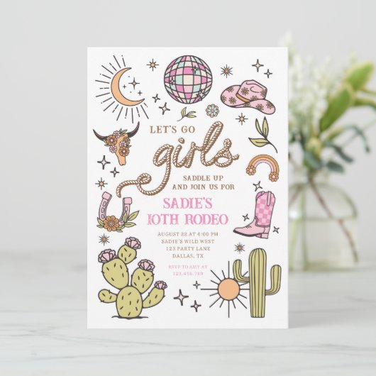 レッツゴーガールズロデオレトロディスコ女性のカーボーイ誕生日 招待状 (スタンド正面)
